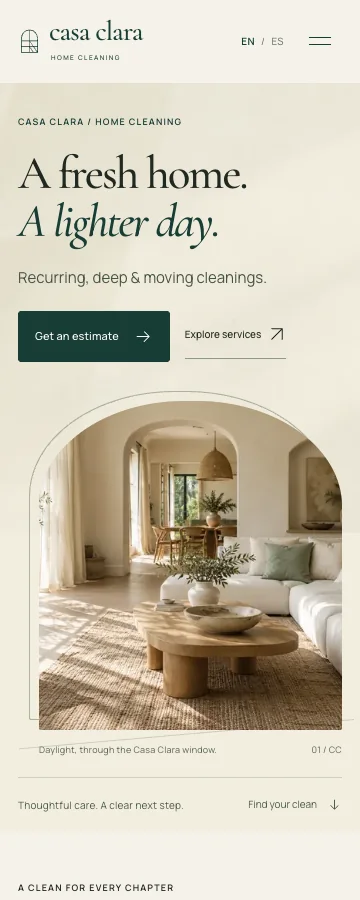 Casa Clara’s mobile opening, with clear service and request-preview actions.