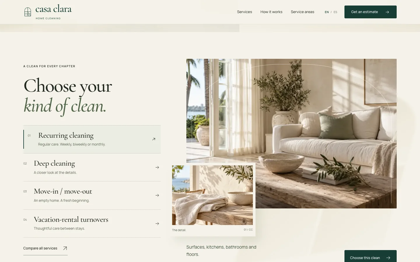 Casa Clara’s service selector, pairing four cleaning options with daylight-led imagery.