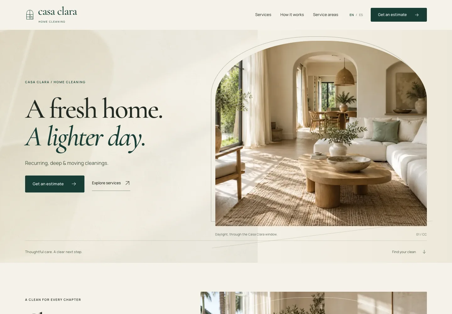 Casa Clara website: warm daylight, arched window imagery and clear home-cleaning services.
