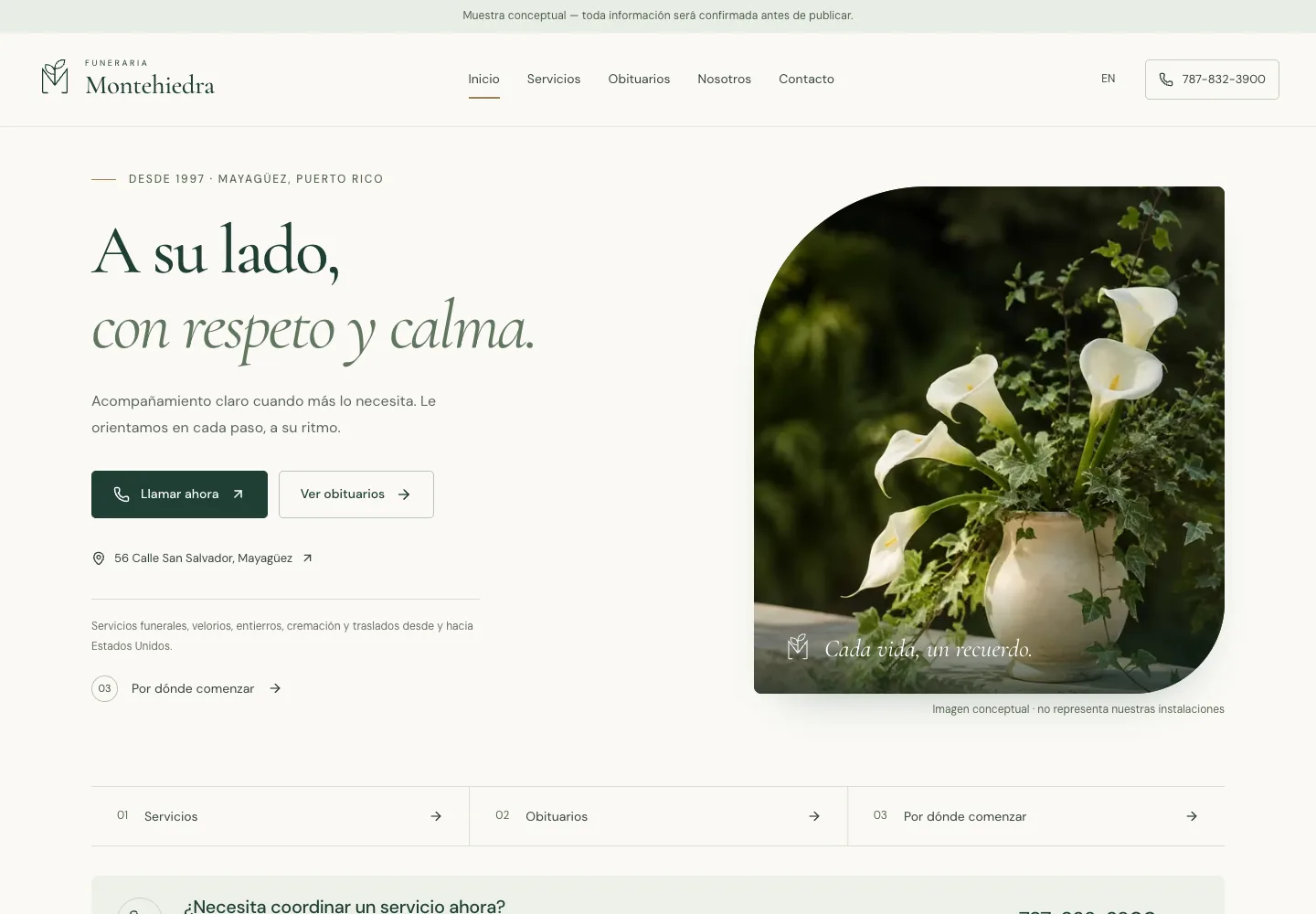 Public funeral-home concept with a calm green layout, direct phone contact, services, and obituary search.