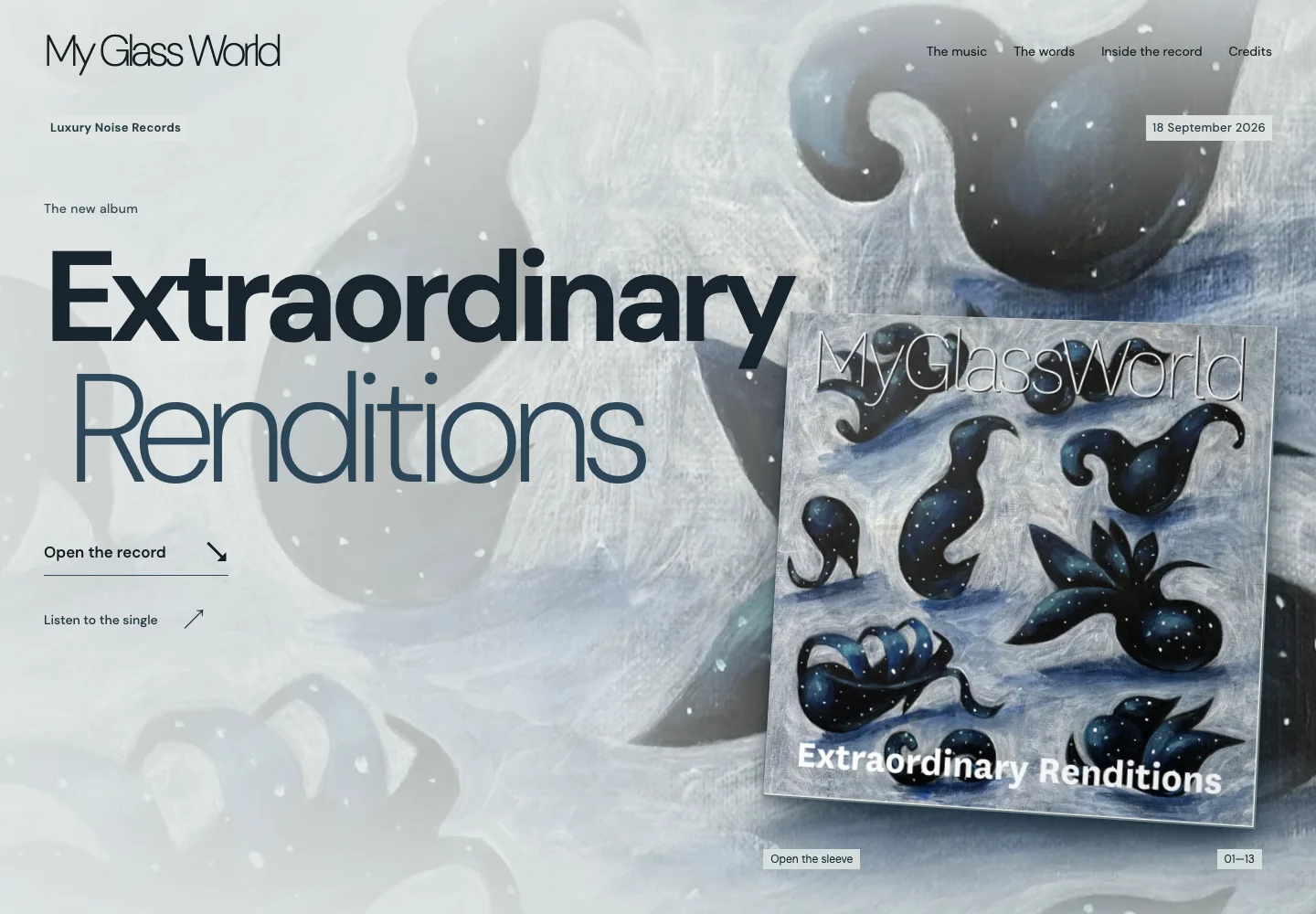 My Glass World’s Extraordinary Renditions website, with silver-blue album artwork and an interactive record sleeve.